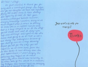 a thank you note from a patient to the doctors at pediatric ent associates Birmingham Alabama