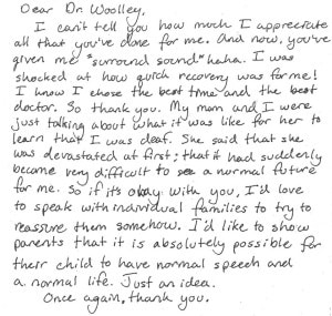 a thank you note from a patient to the doctors at pediatric ent associates